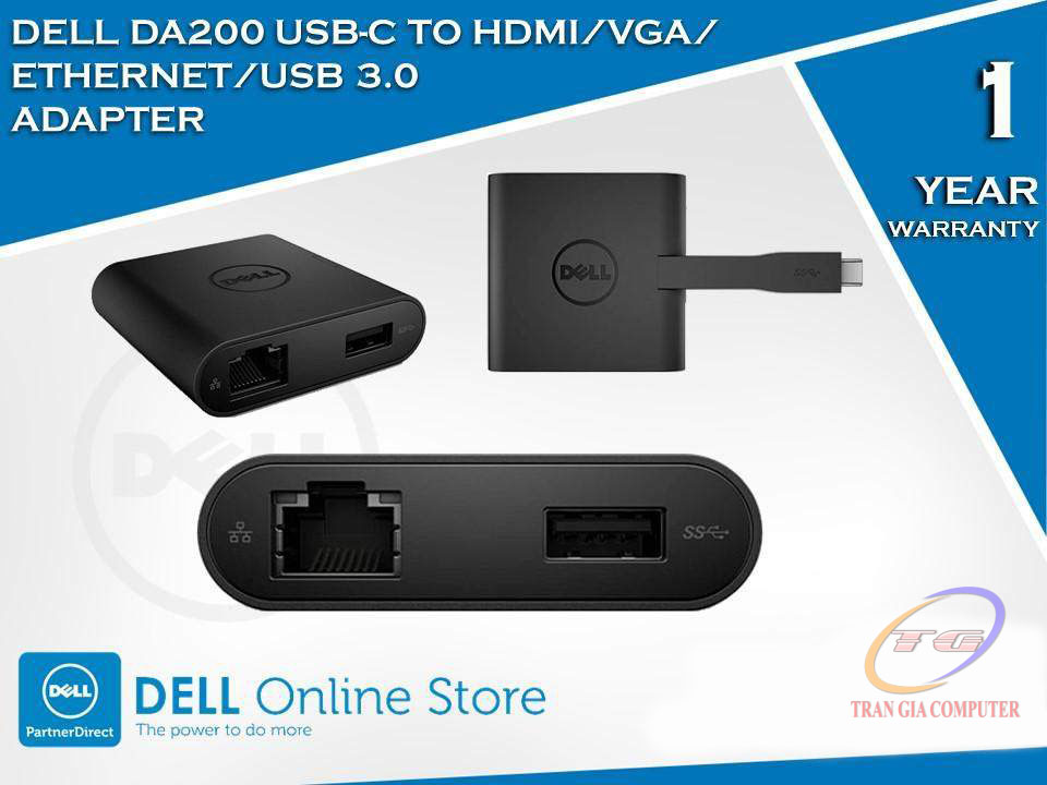 Bộ chuyển đổi Dell DA200 USB-C to HDMI/VGA/Ethernet/USB  - Máy tính Trần  Gia